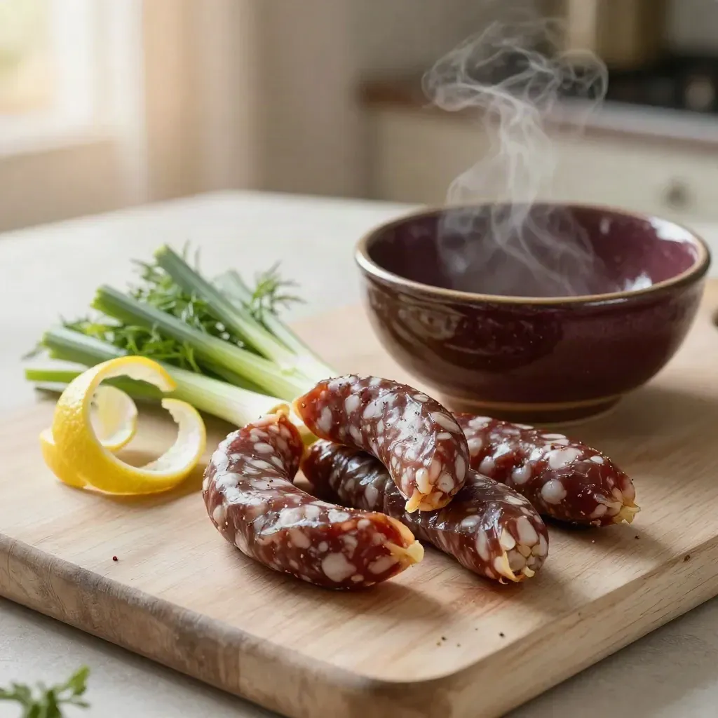 Salsicce al finocchio con finocchietto, scorza di limone e ciotola rustica su legno chiaro
