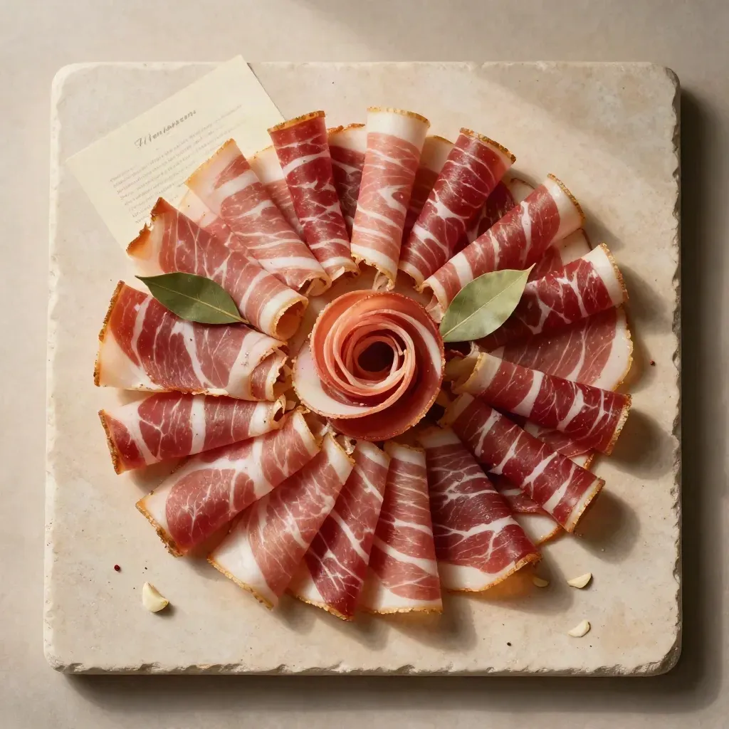 Pancetta arrotolata a raggiera con alloro, aglio e carta su pietra crema