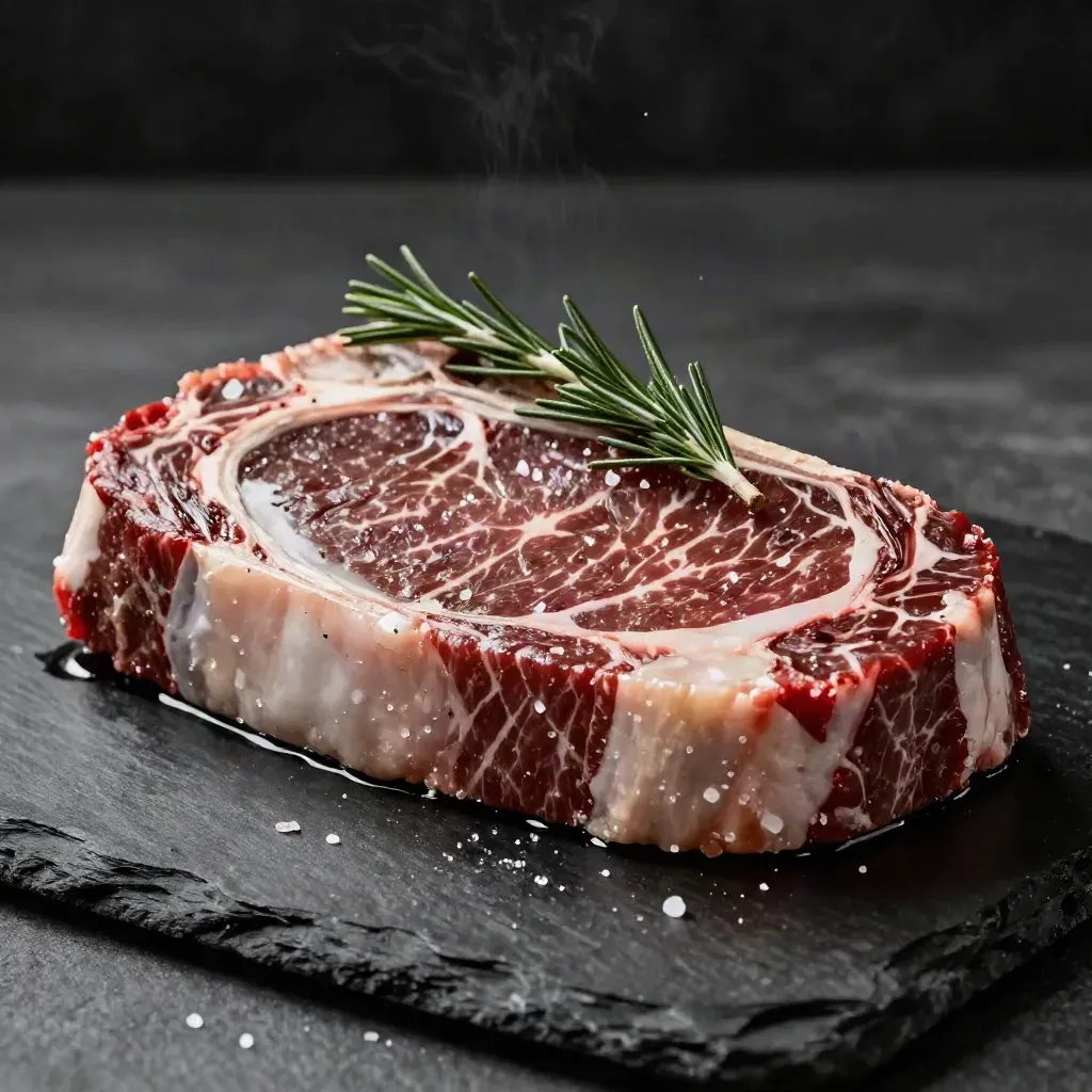Bistecca Fiorentina su ardesia bagnata, sale grosso e rametto di rosmarino in luce radente.