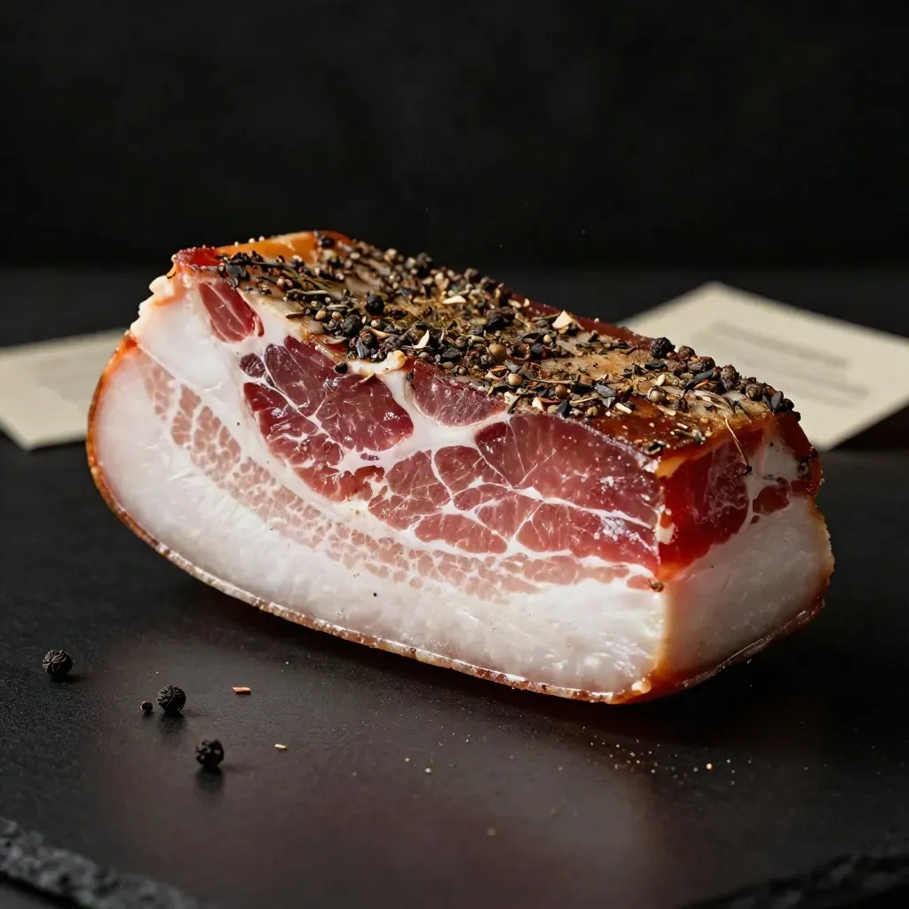 Guanciale stagionato con crosta di pepe su fondo nero, luce drammatica