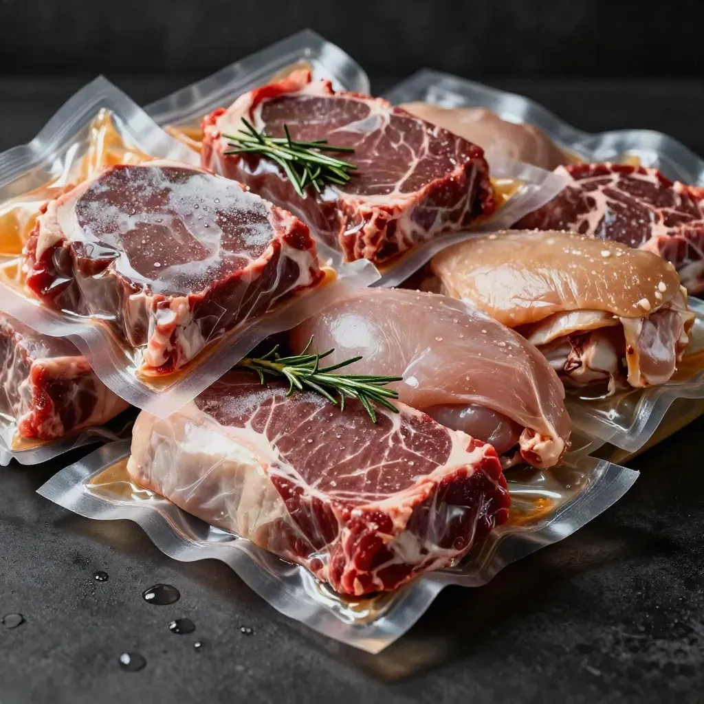 Box aperta con carne mista sottovuoto, ghiaccio e condensa su sfondo scuro