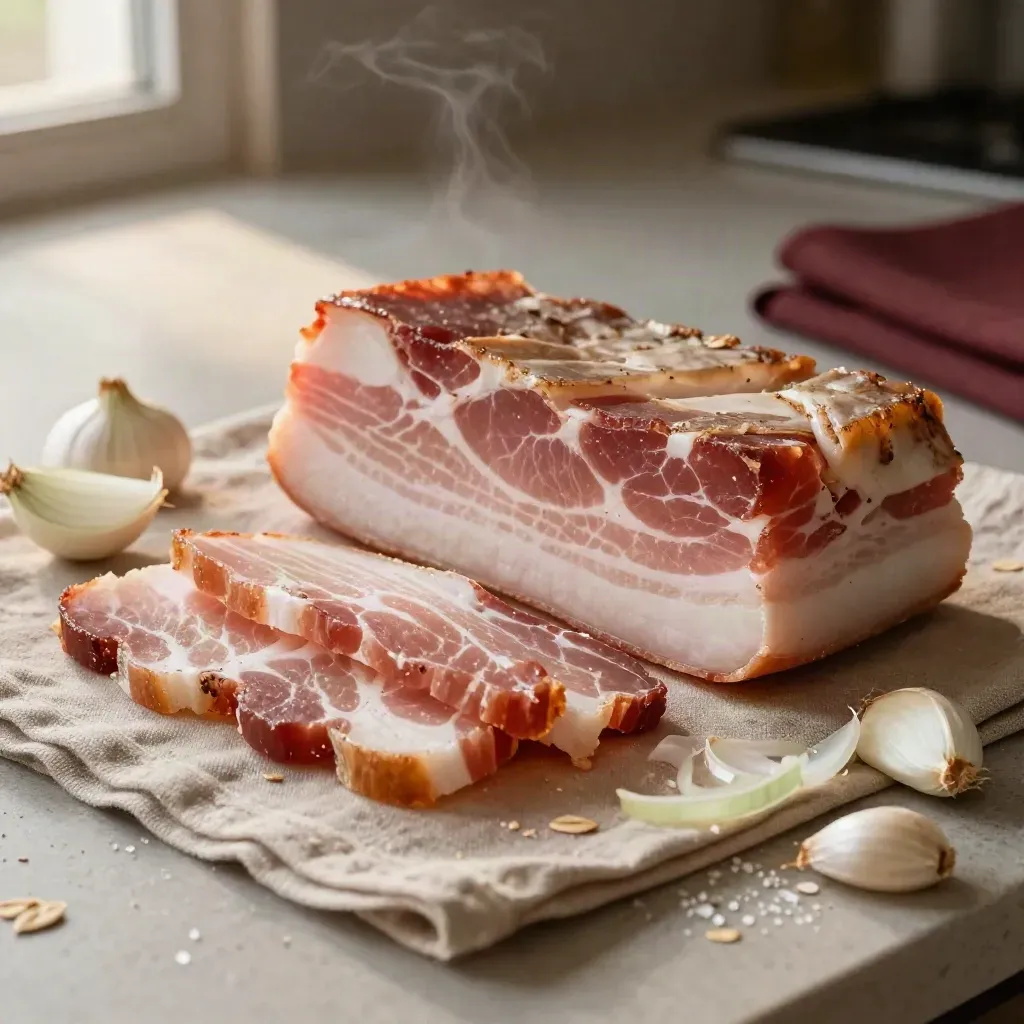Pancetta tesa a fette con cipolle, aglio e lino rustico in luce calda.